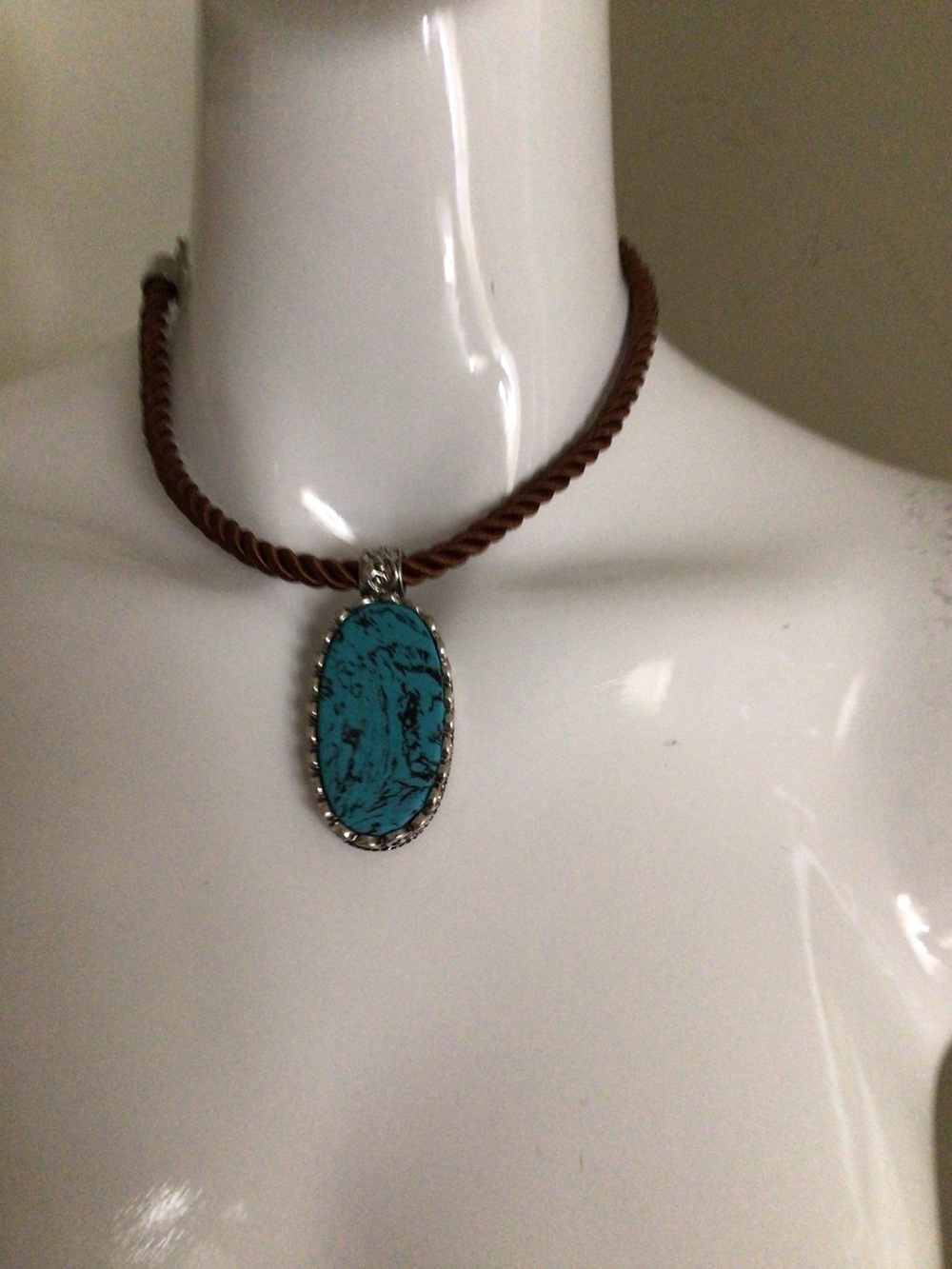 Turquoise Oval Pendant Necklace with Brown Braided Cord